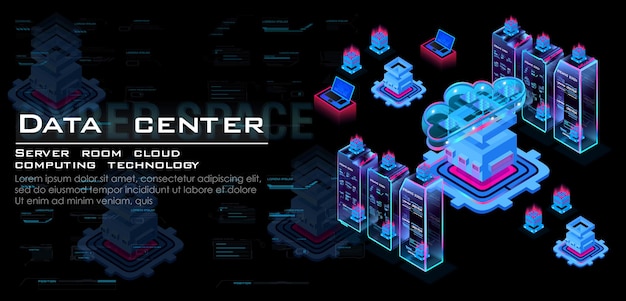 Sala server con elaborazione dati Il processo di lavoro del centro server per il trasferimento e l'archiviazione dei dati tramite web hosting Concetto isometrico del centro di cloud computing