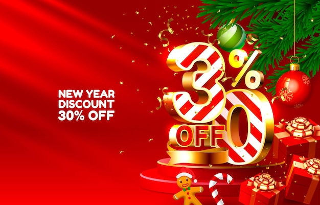 Saldi di buon natale scontati per il nuovo anno con numeri d'oro con regali e decorazioni natalizie