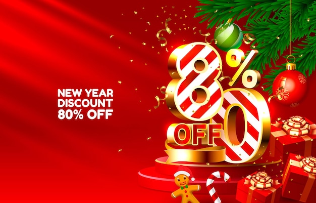 Saldi di buon natale scontati per il nuovo anno con numeri d'oro con regali e decorazioni natalizie