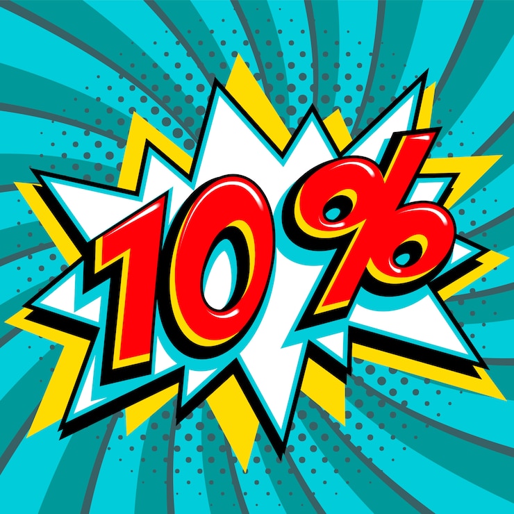 Vettore saldi dieci per cento del 10% di sconto su sfondo comico.