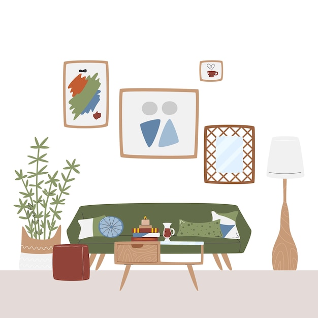 Salotto con arredamento in stile midcentury Arredamento interno moderno retro disordinato