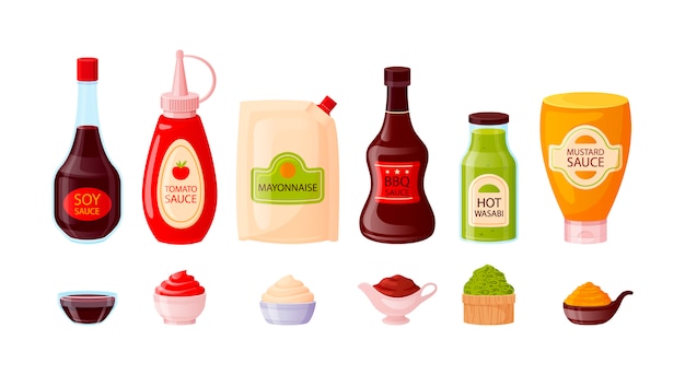 Salsa con ketchup, soia, maionese, senape, barbecue, wasabi in ciotole.