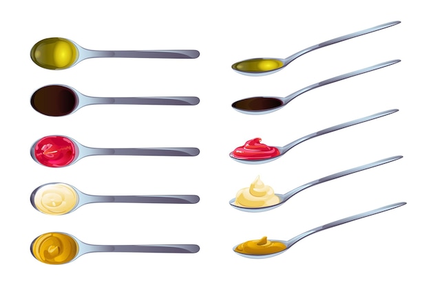 Salsa grande in set di cucchiai. Salse di soia, olio d'oliva, senape, ketchup e maionese. Elementi di condimento per il food design.