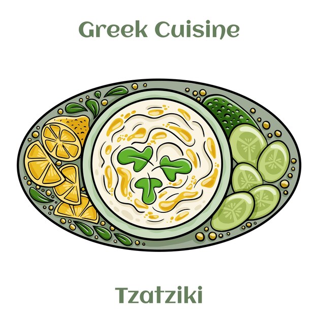 Salsa greca tzatziki Cotta con cetriolo grattugiato yogurt olio d'oliva e aneto fresco Illustrazione vettoriale isolata