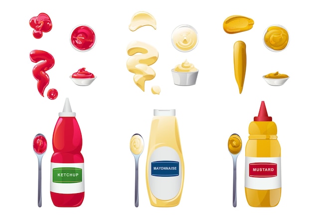 Salse di senape ketchup maionese in bottiglie bowles e cucchiai con i suoi schizzi realistici