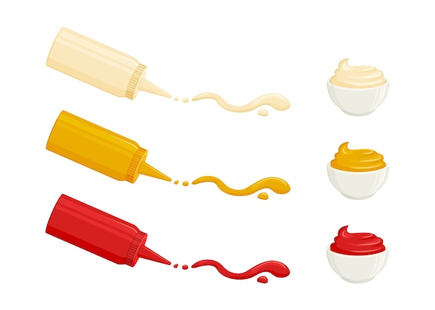 Salse. Maionese, senape, ketchup. Salse in bottiglia e ciotole. Illustrazione di cibo