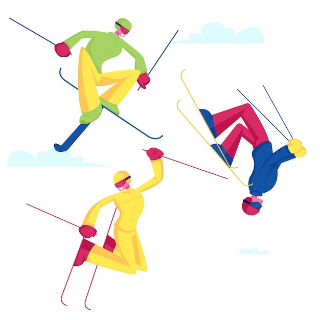 Salto con gli sci freestyle sportivi. Cartoon illustrazione piatta