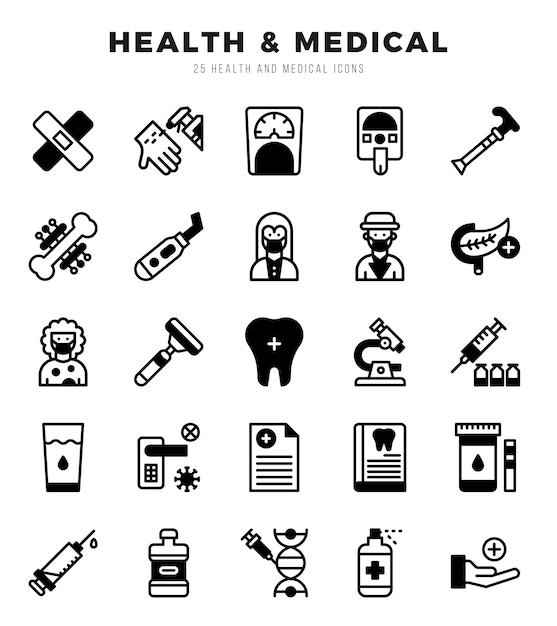 Salute collezione di icone di riempimento lineare medica 25 icone impostate in un disegno di riempimo lineare