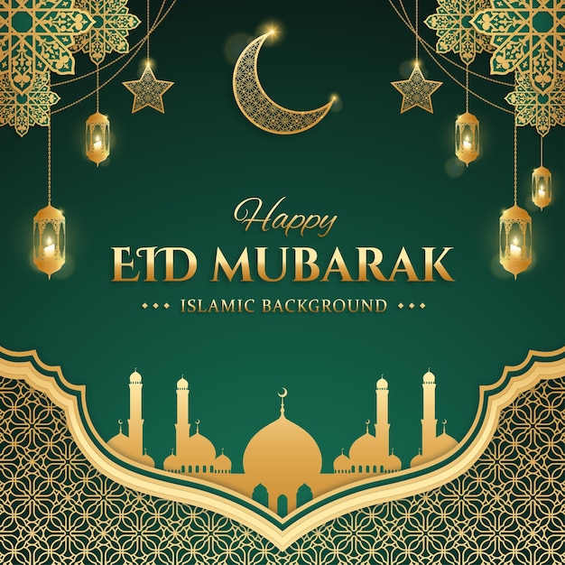 Saluti islamici realistici Eid Mubarak con lanterne a mezzaluna e candele