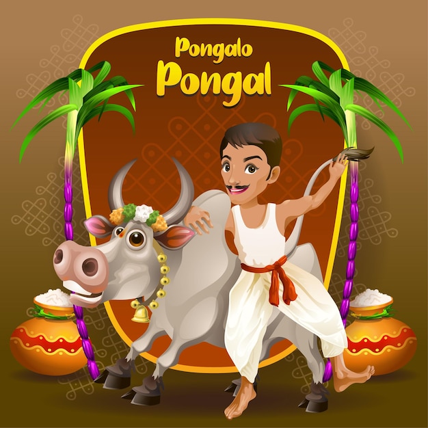 Saluti Pongal con contadino e toro felici