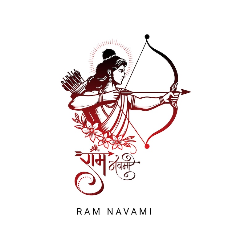 Vettore saluto alla festa di shree ram navami con l'illustrazione di lord ram e la calligrafia hindi di ram navami