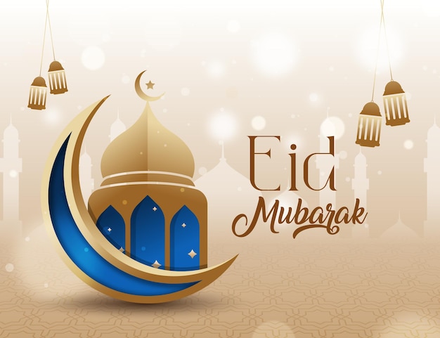 Saluto del festival islamico Eid vettoriale con lampada e luna