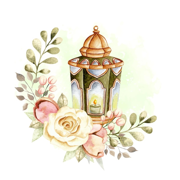 Saluto dell'acquerello islamico lanterna Ramadan e Eid Al fitr
