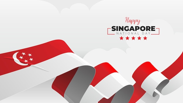 Saluto della festa nazionale di Singapore con illustrazione vettoriale sventola bandiera nazionale e sfondo nuvola