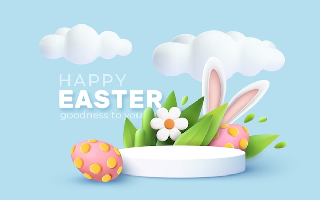 Saluto di Pasqua alla moda 3D con podio del prodotto 3d, fiore primaverile, nuvola, uovo di Pasqua e coniglietto. Concetto grafico di Pasqua 3d moderno floreale di primavera. Illustrazione vettoriale EPS10