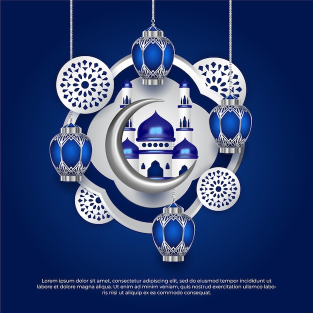 Saluto islamico adorabile di eid al adha con la luna della moschea e lo sfondo delle lampade a sospensione