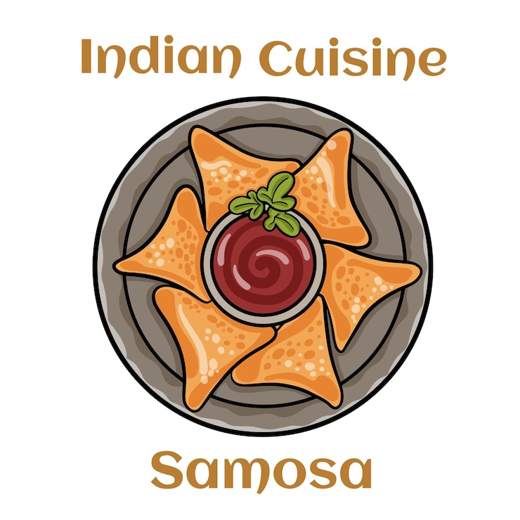 Vettore samosa con salsa di menta fresca, cibo indiano