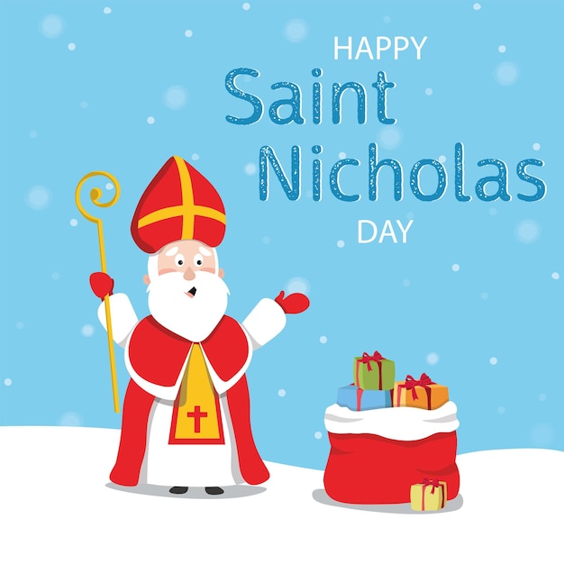 San Nicola con un sacchetto di doni Buona festa di San Nicola. Illustrazione vettoriale