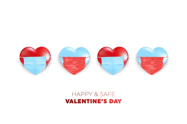 San Valentino e COVID-19 con il simbolo del cuore dalla maschera medica su sfondo rosso.