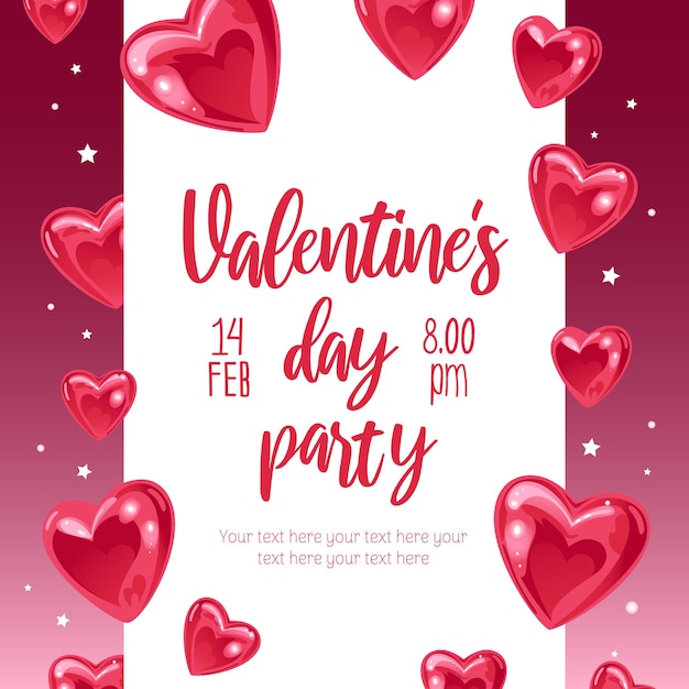 San Valentino, invito a una festa. Banner luminoso con elio a palloncino a forma di cuore dolce e brillante. Per banner pubblicitario, sito Web, poster, volantino.