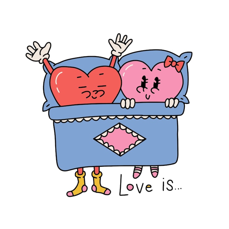 Vettore san valentino retrò in stile cartone animato isolato stampa design coppia felice di chatacters cuore sdraiato sul letto vi