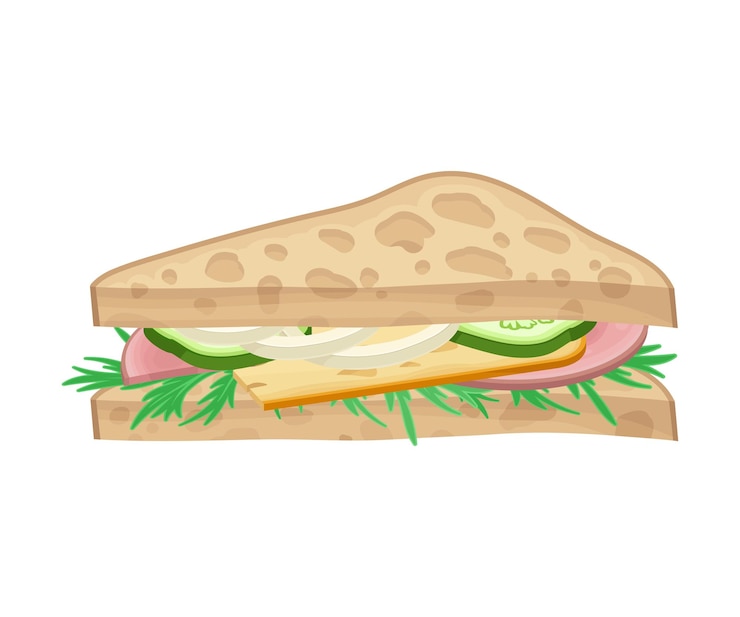 Vettore sandwich a forma triangolare con verdure e pancetta tagliata isolata su sfondo bianco illustrazione vettoriale a volume realistico snack per un boccone veloce