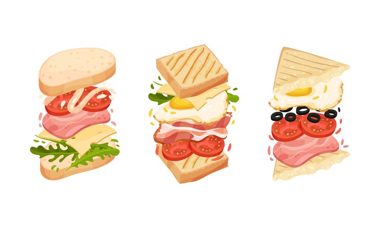 Vettore sandwich con strati di ingredienti tra fette di pane set vettoriale