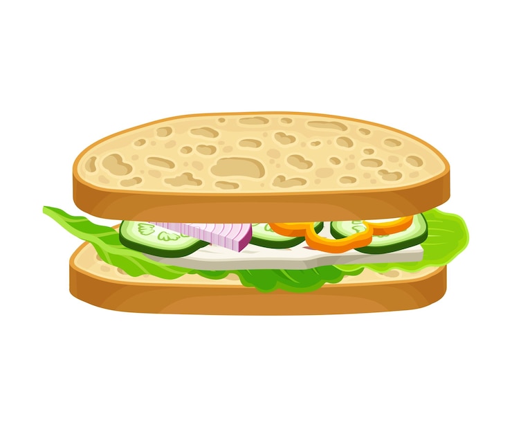 Vettore sandwich vegetariano a forma ovale con formaggio morbido e verdura vector food item fast food concept closeup snack realistico per il menu del ristorante