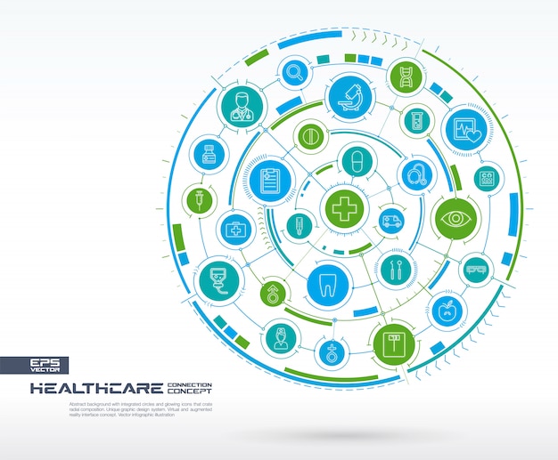 Sanità astratta, sfondo di medicina. Sistema di connessione digitale con cerchi integrati, icone luminose a linea sottile. Gruppo di sistema di rete, concetto di interfaccia. futura illustrazione infografica
