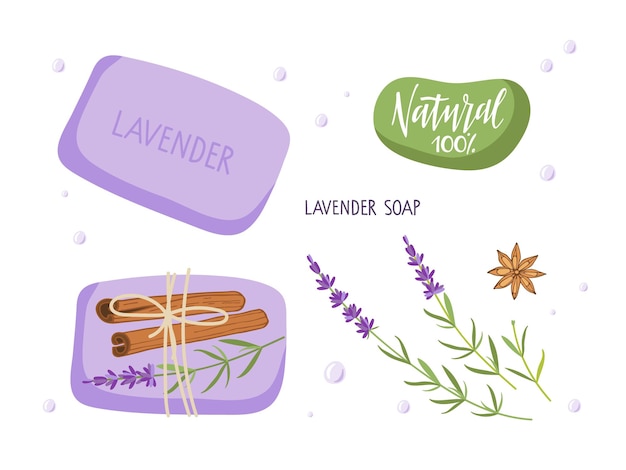 Sapone naturale alla lavanda fatto a mano. Saponette, erba di lavanda, spezie, etichetta. Illustrazione piatta vettoriale