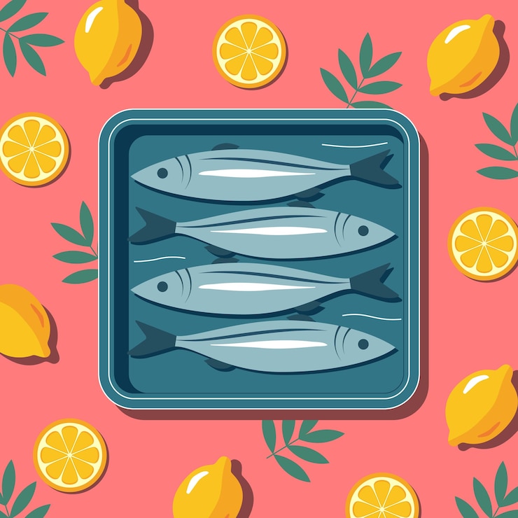 Vettore sardine con limone su un vassoio