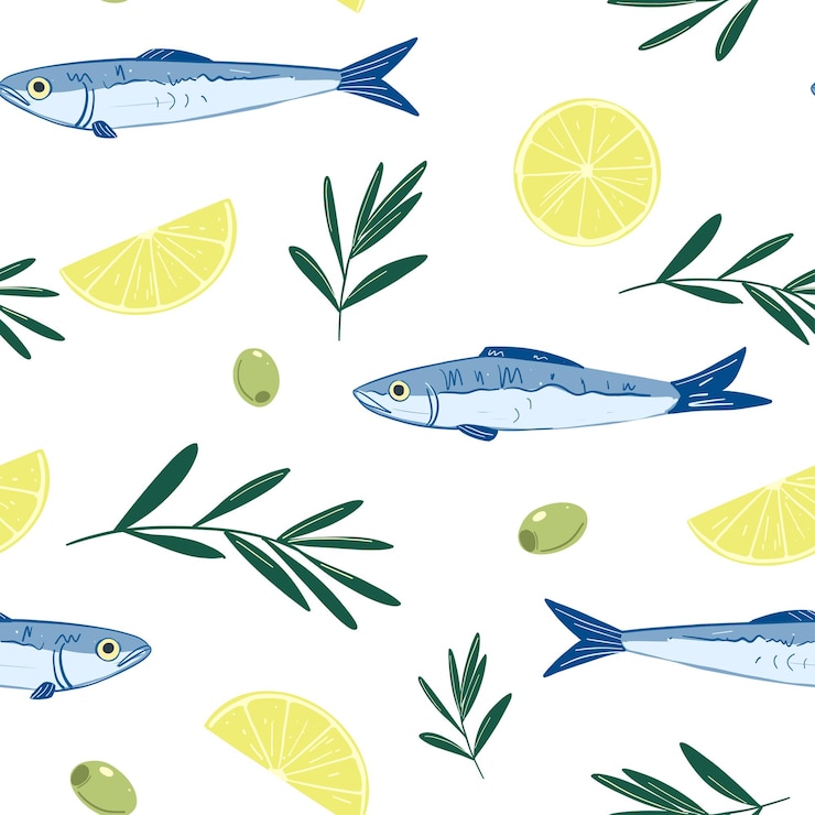 Vettore sardine in lattina pesce frutti di mare modello senza cuciture set di illustrazioni vettoriali schizzo disegnato a mano