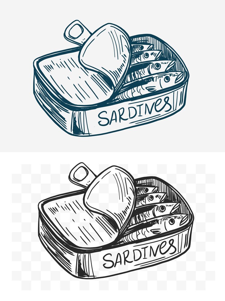 Vettore sardine in una lattina di pesce set di illustrazioni vettoriali disegnate a mano