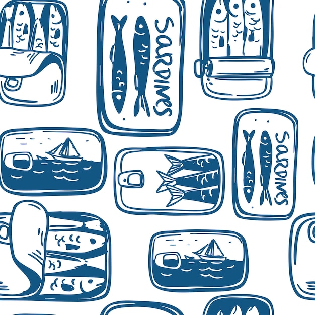 Sardines in a can seamless pattern fish seafood vector illustration set hand drawn sketch