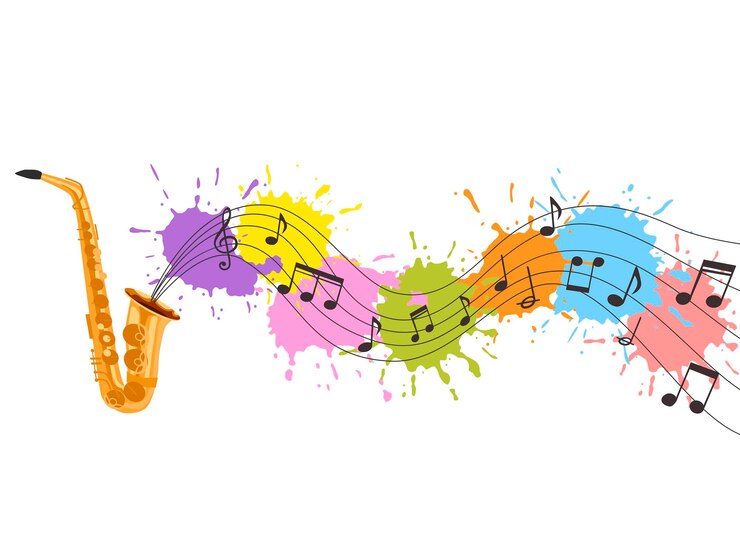 Sassofono classico con macchie di vernice colorate note musicali illustrazione Sfondo vettoriale