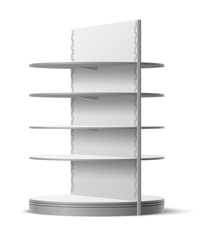 Vettore scaffalatura vuota scaffale per la spesa realistico supermercato e negozio che vendono mobili interno del negozio scaffalatura multilivello isolata per esposizione di merci mockup di scaffalature per vetrine vettoriali