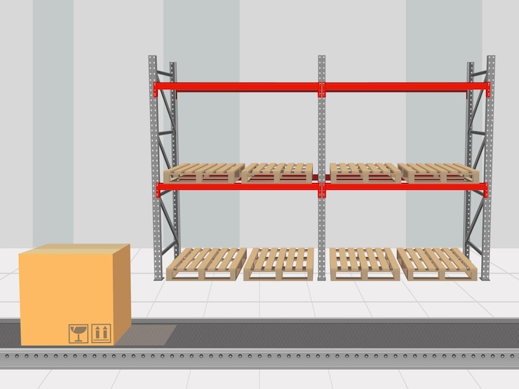 Vettore scaffalature pallet in magazzino con nastro trasportatore