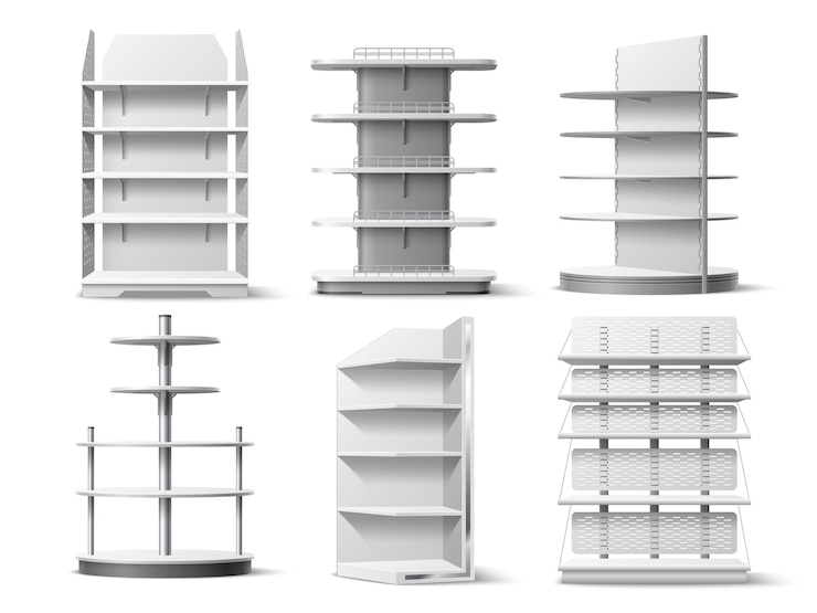 Vettore scaffalature vuote scaffali per la spesa realistici vetrine di vendita di diversi tipi supermercati e negozi mobili 3d attrezzature per la distribuzione di prodotti set di scaffalature per mostre vettoriali