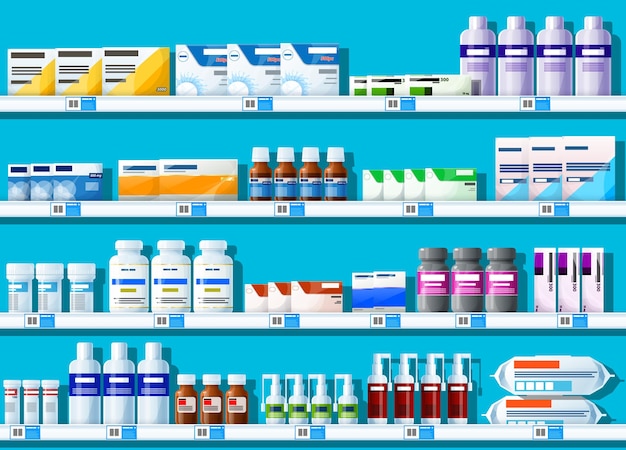 Scaffale della farmacia con pillole di flaconi di medicinali