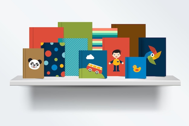 Scaffale per bambini per bambini Vista frontale della copertina dei libri in piedi su sfondo grigio con ombre Illustrazione vettoriale