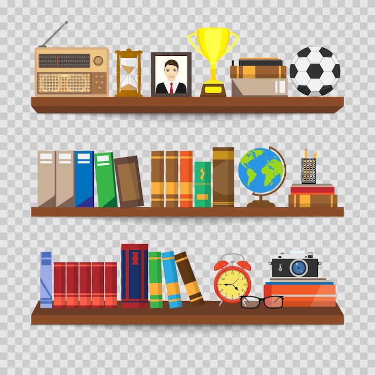 Vettore scaffale per libri libreria per interni scaffali per libri con diversi set di libri interno della biblioteca per la casa lettura e apprendimento della conoscenza e dell'istruzione