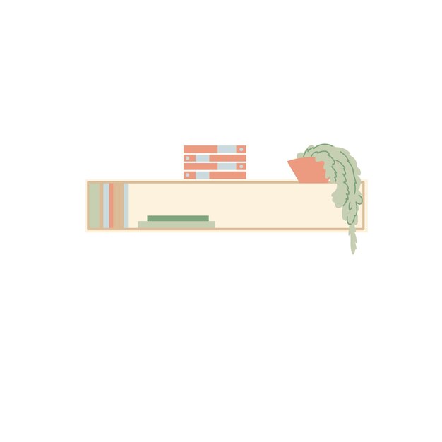 Scaffale piatto vettoriale dei cartoni animati con diversi libri, piante domestiche e cose isolate su sfondo vuoto-mobili e concetto di elementi interni, design di banner di siti web