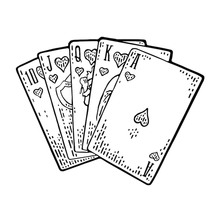 Vettore scala reale nei cuori carte da gioco poker illustrazione di incisione vintage nera vettoriale per poster etichetta banner web isolato su sfondo bianco