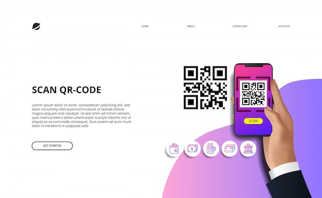 Scansiona il codice QR per la società cashless di pagamento online di finanza con finanza. mano che tiene l'illustrazione del telefono