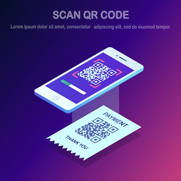 Scansiona il codice QR sul telefono. Smartphone isometrico 3d, lettore di codici a barre mobile, scanner con ricevuta di pagamento. Pagamento digitale elettronico con smartphone.