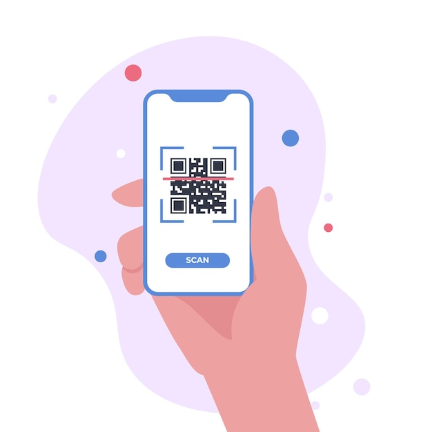 Scansione del codice QR con lo smartphone in mano Codice a barre per il pagamento Concetto di tecnologia cashless portafoglio elettronico Scansione del telefono cellulare Verifica QRcode Illustrazione vettoriale