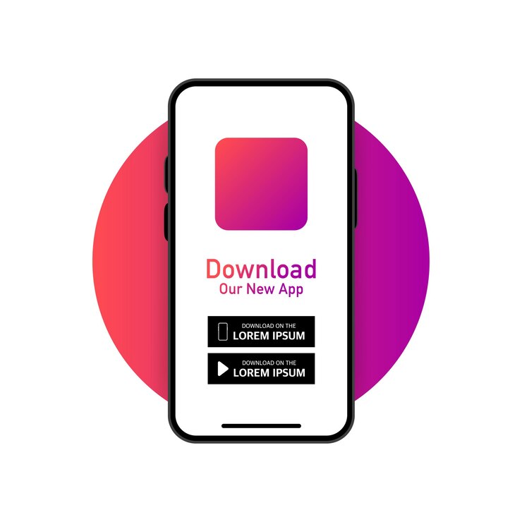 Scarica il banner pubblicitario della nostra app. Modello di telefono. App per dispositivi mobili. Progettazione dell'interfaccia utente e dell'esperienza utente. Illustrazione vettoriale.