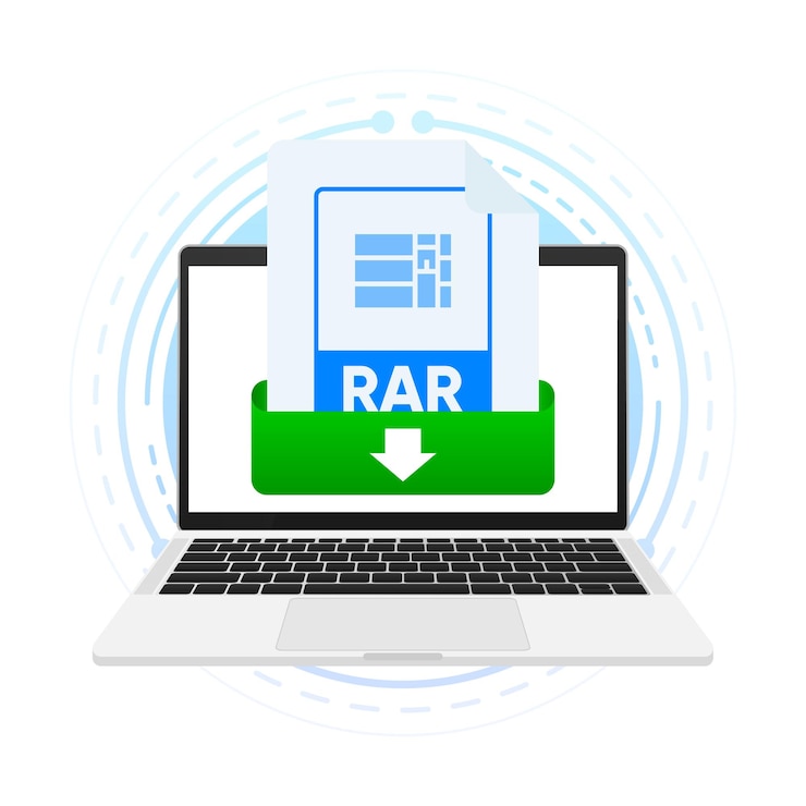 Vettore scarica il file rar con l'etichetta sullo schermo del laptop scarica il concetto di documento visualizza leggi scarica il file rar su laptop e dispositivi mobili illustrazione vettoriale