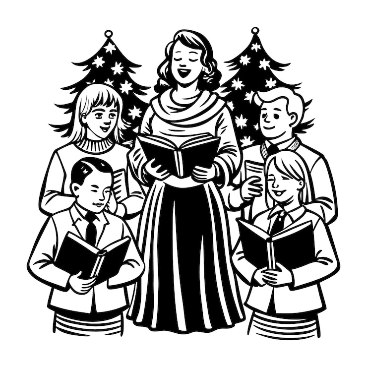 Vettore scarica una donna che canta canti di natale con un gruppo di illustrazioni artistiche vettoriali questo concetto di progettazione