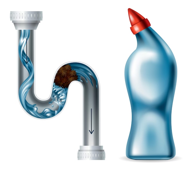 Scarico del tubo intasato e bottiglia detergente Contenitore vuoto con liquido chimico sanitario Tubo di canalizzazione con schizzi d'acqua Riparazione di intasamento idraulico